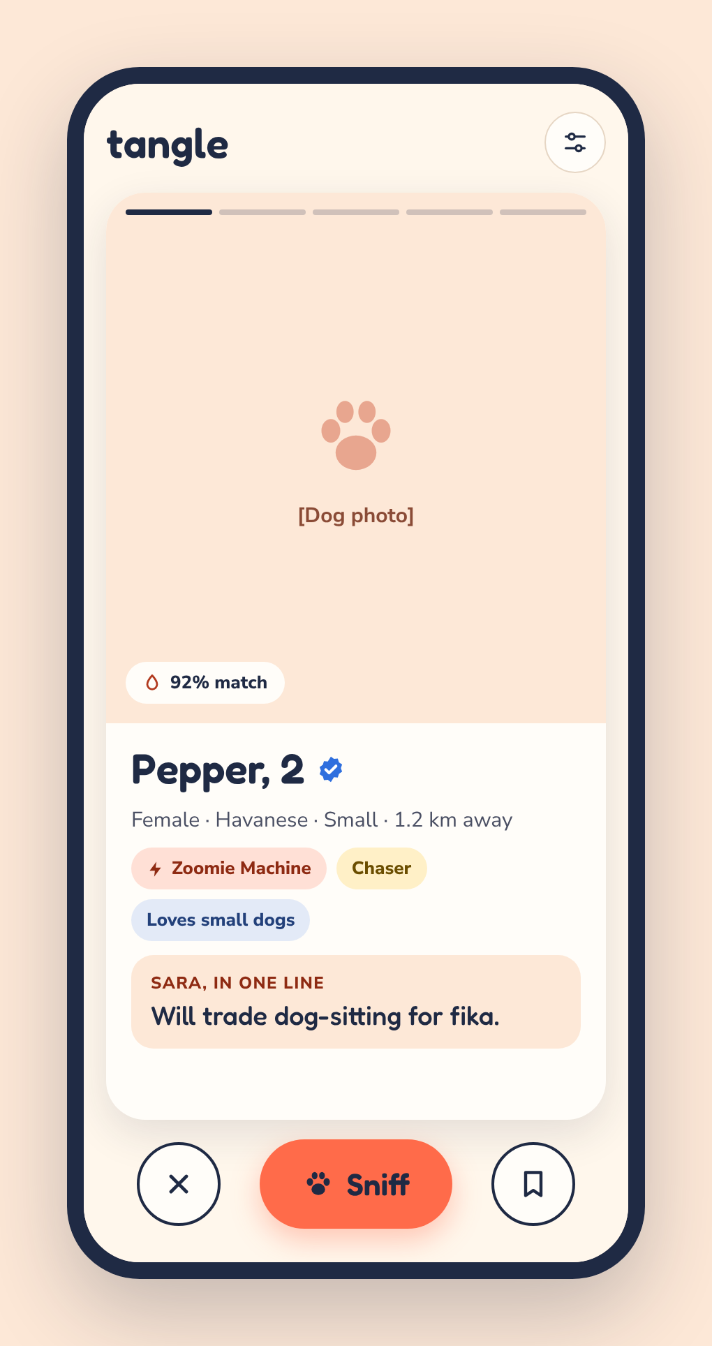 Tangle app showing Pepper, a 2 year old Havanese, with a 92% match and a Sniff button