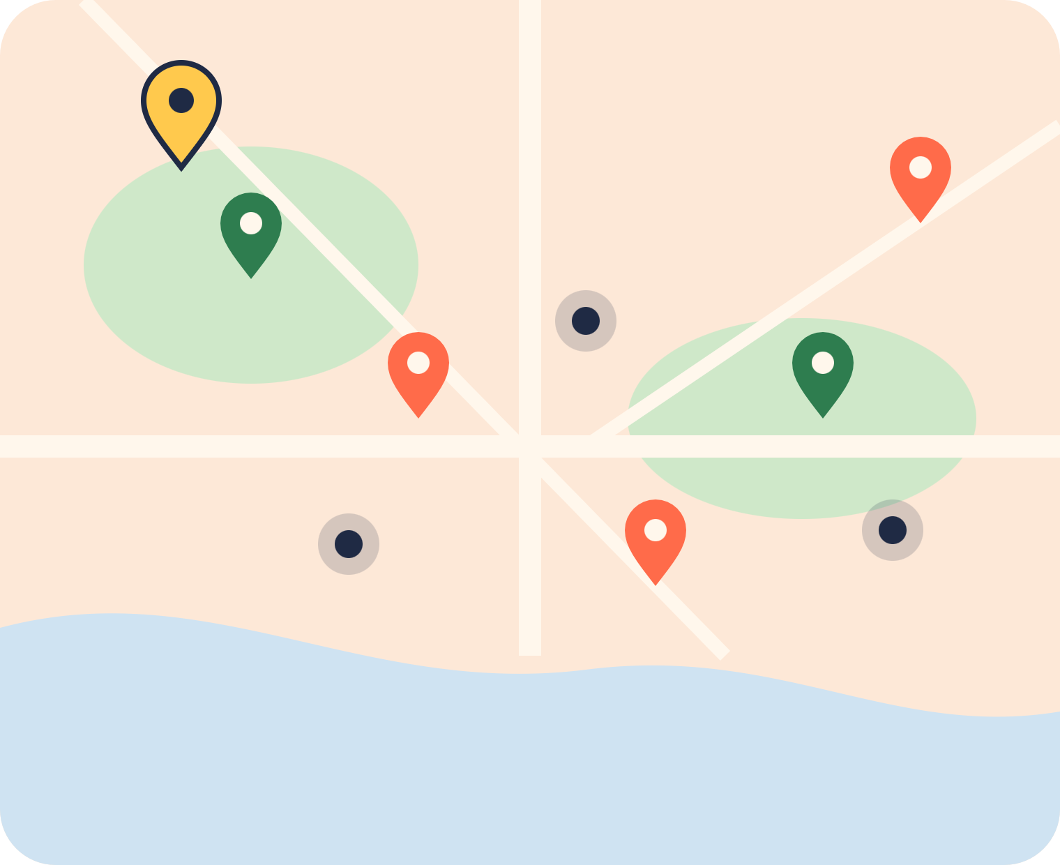 Illustrated map with pins for dog parks, cafés, Tangle events and dogs out walking